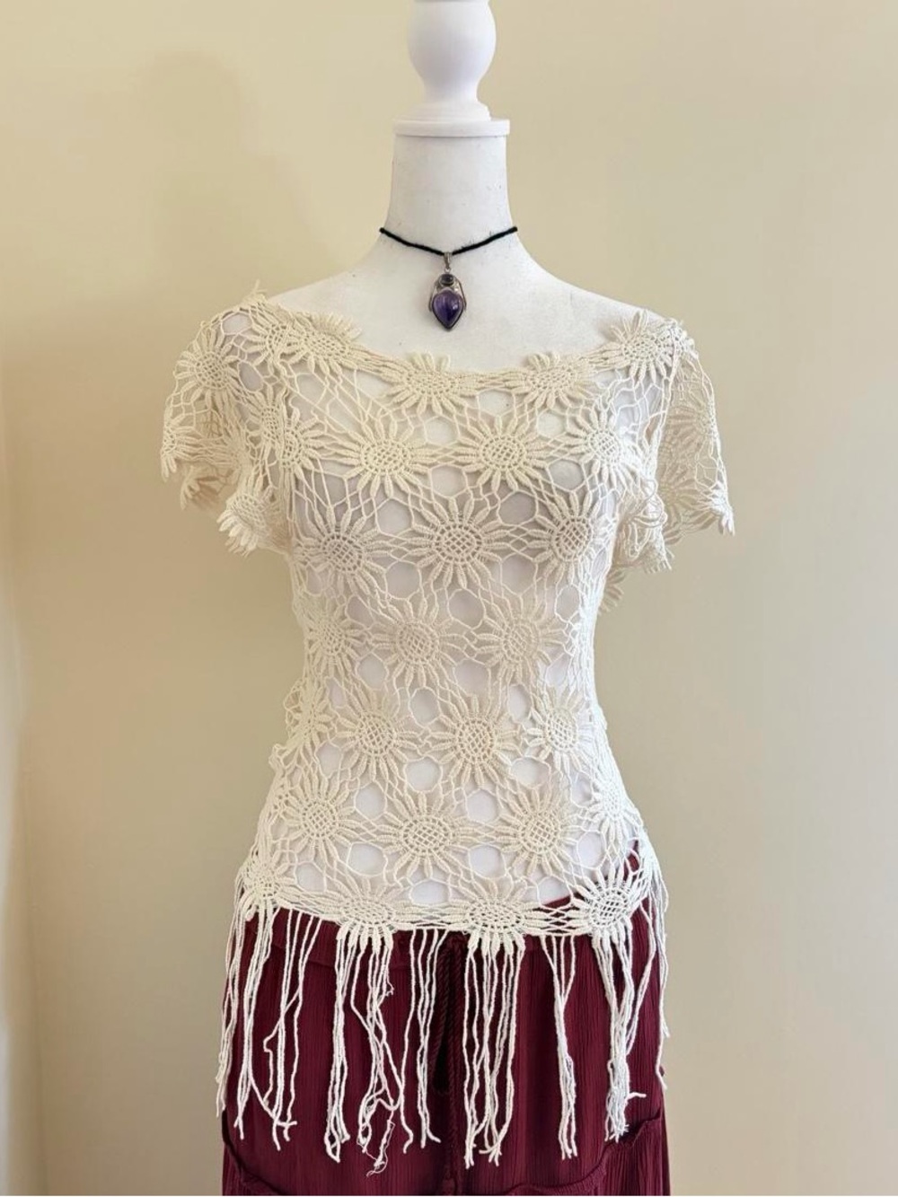 Vintage Y2K floral lace crochet sheer off shoulder fringe top cream slouchy 90s
